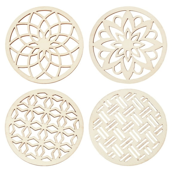 1 set Wooden Carved Cup Mats Coaster Heat Resistant Pot Mats for Home Kitchen Flat Round 87x3mm 4pcs/set 1set