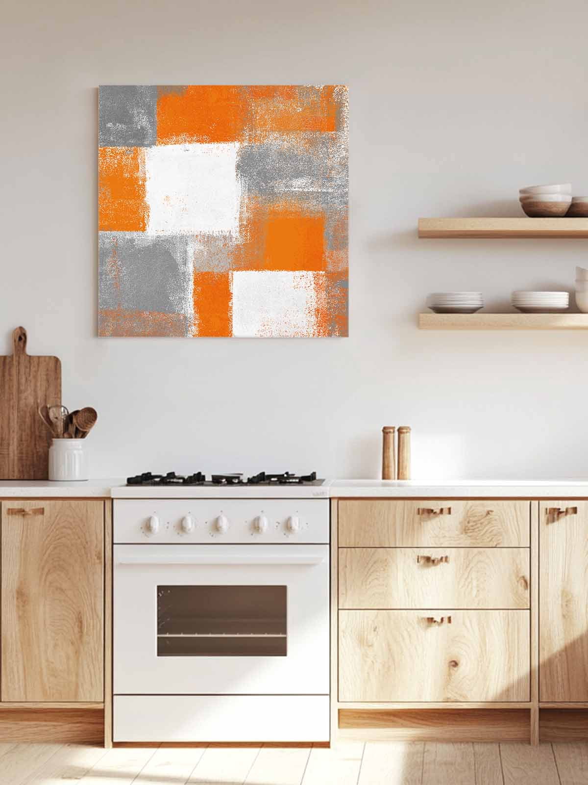 Orange Grey Abstract Art Canvas Wall Art, White Graffiti Retro Gradient Framed Wall Decor Modern Artwork Prints Painting for Living Room, Bedroom, Kitchen & Cafe Decor 16x16 Inch