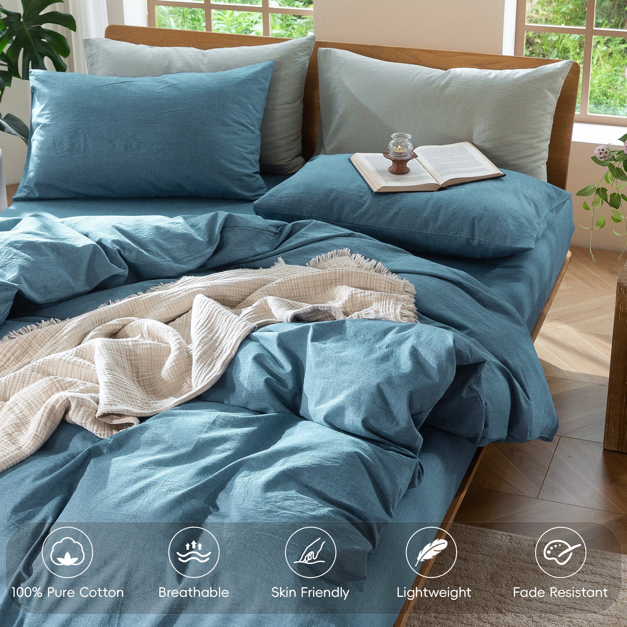 MooMee Duvet Cover Set Full 100% Washed Cotton Linen Like Textured Breathable Lightweight 3-Piece (Peacock Blue, 80"x90")