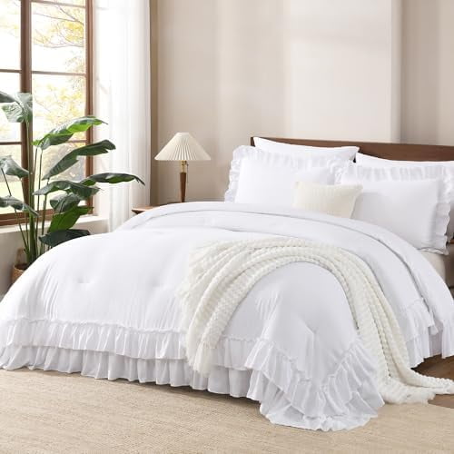 Andency White Comforter Set Queen Size, Lightweight Fluffy Farmhouse White Ruffle Bedding Set, Soft Microfiber All Season Shabby Chic Bed Comforter Set 3 Pieces(1 Ruffle Comforter 2 Pillowcases)