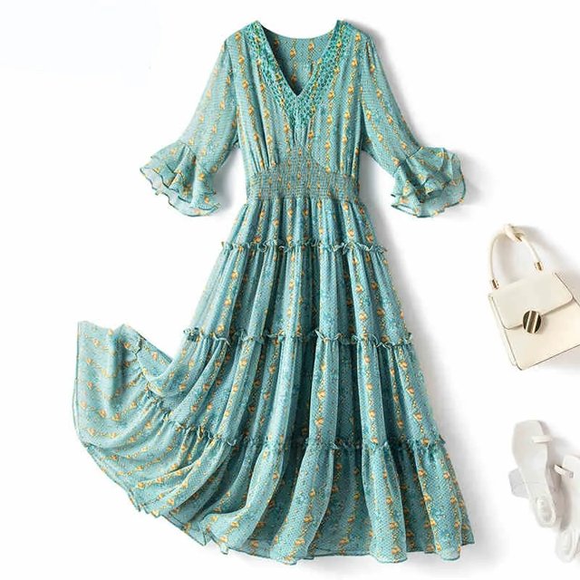 Plus Size Elegant Plus Size Chiffon Dress Long V-Neck Printed Dress For Heavy Girls Summer Stock Cloth Elegant Long Leaflet S...