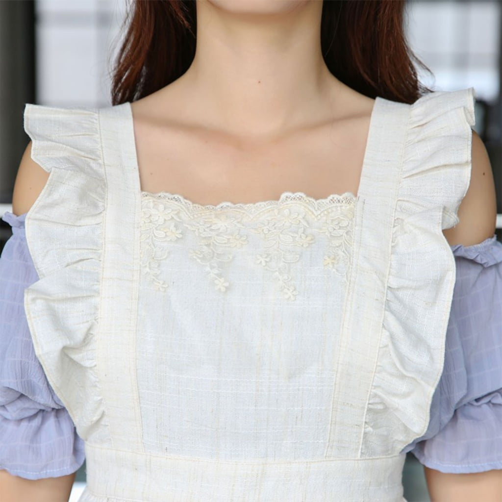Aellinatey Cotton Linen Lace Trim Ruffled Apron with Pockets for Culinary and Handicraft