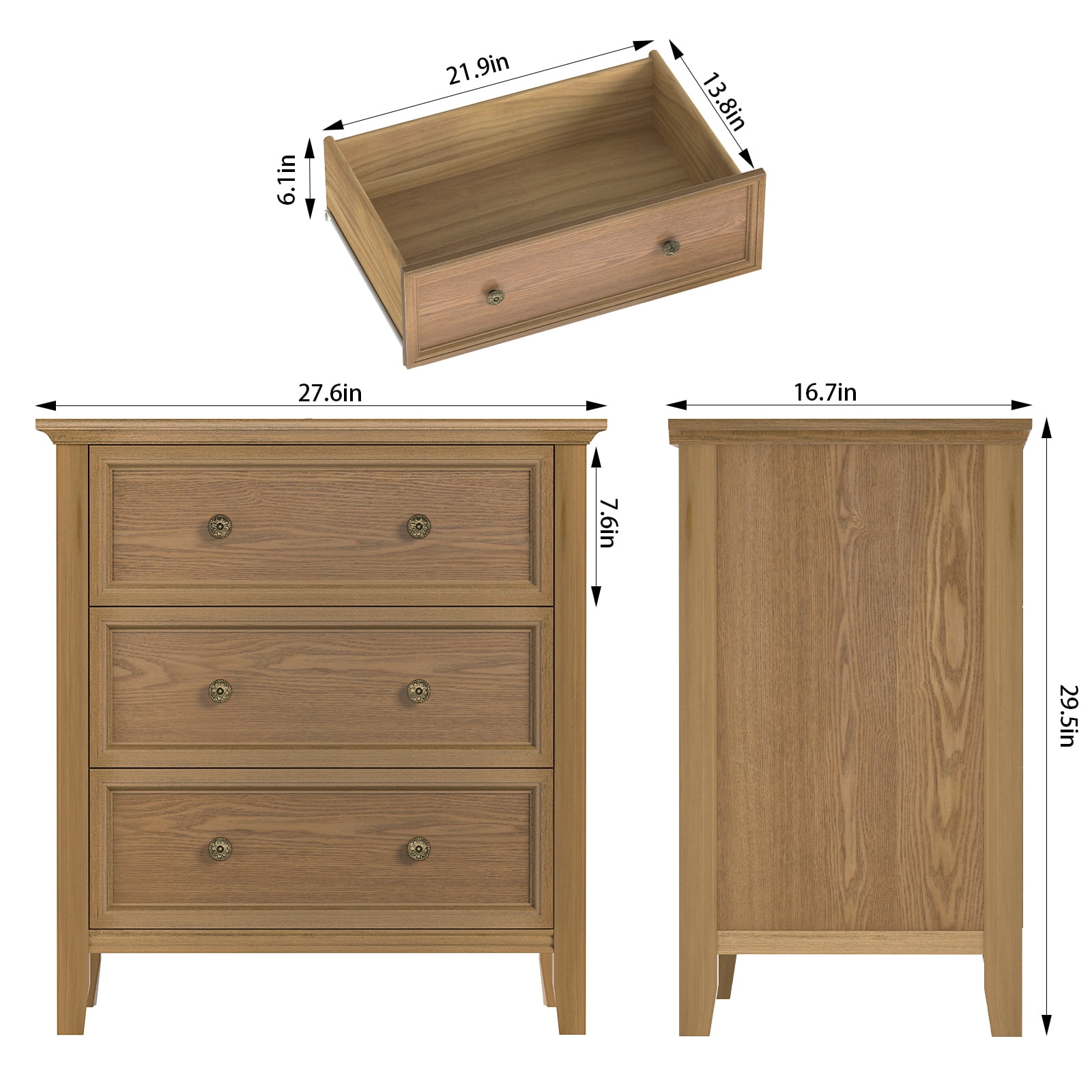 Gacfiew Solid Wood Nightstand with 3 Drawers and Power Outlet, Tall Bedside Cabinet 16.8" D x 27.6" W x 26.8" H, Single Unit for Bedroom, Teak