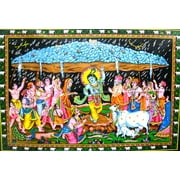 Crafts of India Krishna lifting Goverdhan Batik Cotton Wall Hanging Painting : Size 43"x30" Inches