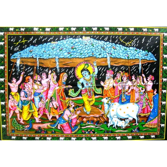 Crafts of India Krishna lifting Goverdhan Batik Cotton Wall Hanging Painting : Size 43"x30" Inches