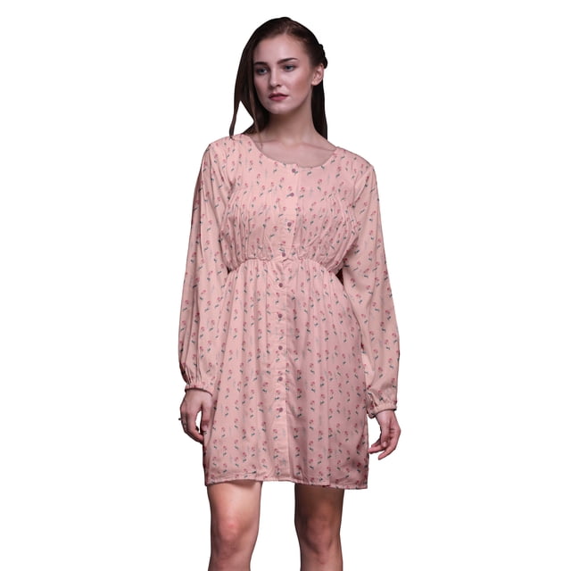 Bimba Robe Midi à Manches Longues pour Femmes, Coupe Décontractée, à Boutons, Imprimée de Feuilles Roses et de Fleurs - Très Petit