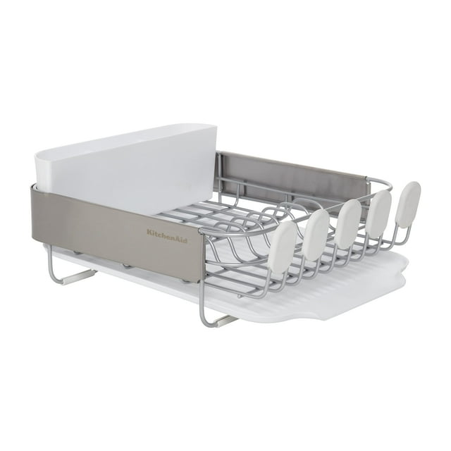 Estante para platos KitchenAid Compact de alambre satinado con escurridor gris