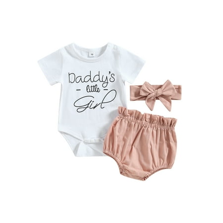 

Newborn Baby Girl Father s Day Outfit Short Sleeve Letter Print Romper Ruffle Leopard Shorts Bow Headband Set