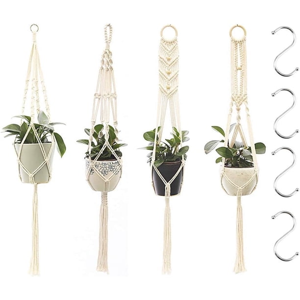 Juego de 4 colgadores de macramé para plantas, decoración bohemia para el hogar, cuerda de algodón hecha a mano, 4 ganchos para colgar incluidos, diseño flexible para varias formas de macetas, anillo
