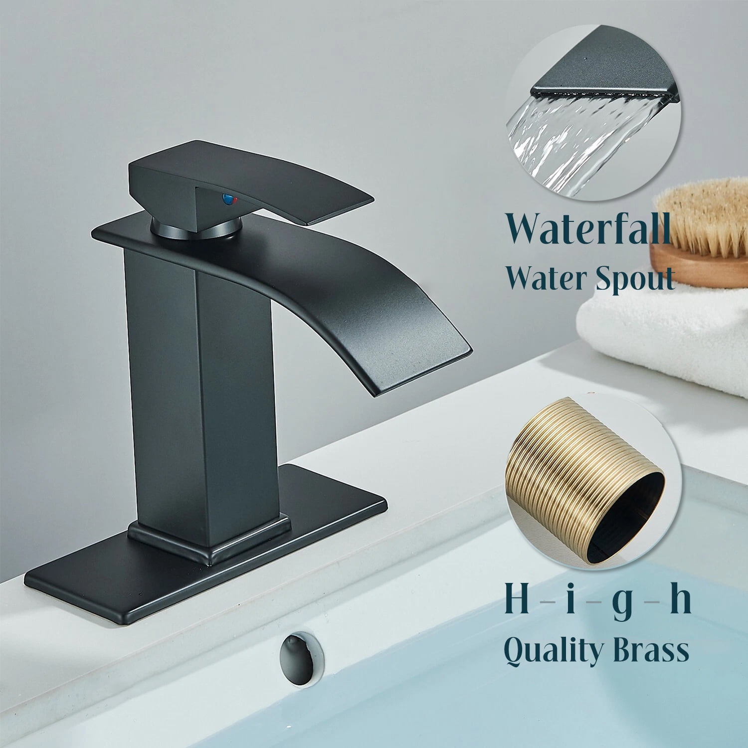 Bathroom Sink Faucet Waterfall Spout Hold & Cold Mixer Tap Single Handle Modern Lavatory Vanity Sink Faucet with Hose Deck Plate for 1 or 3 Holes, Matte Black