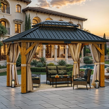 ModFusion 11' x 13' Outdoor Pavilion Gazebo with Wooden Spruce Poles and Double Steel Top, Beige Curtains and Netting
