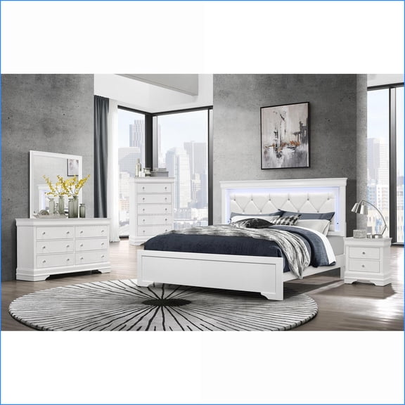 Bedroom Set, Full 5PC Shaker Off-White with LED Tufted Headboard | Solid Wood MDF | Double Dressers