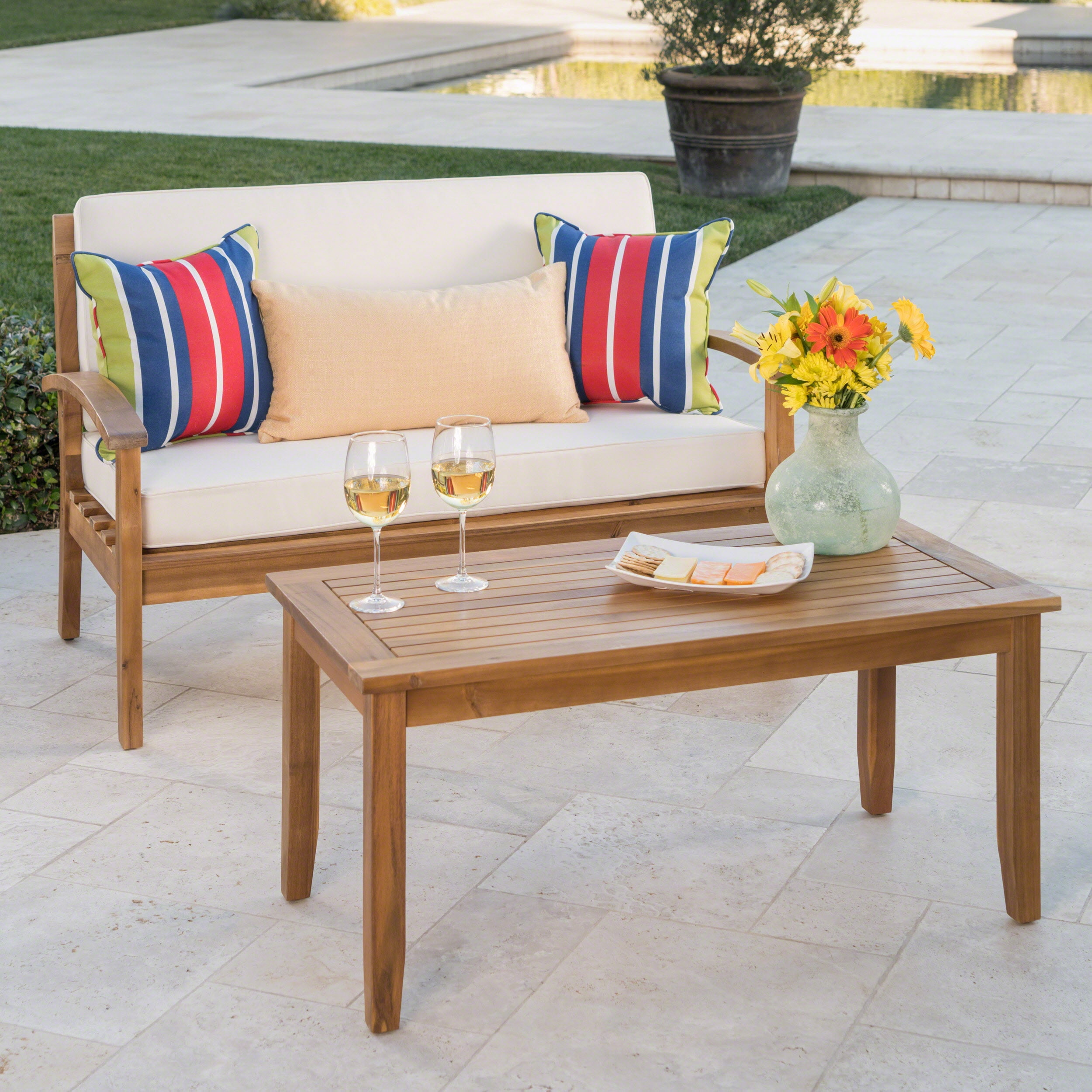 Outdoor Loveseat and Coffee Table Combined Leisure Set, Acacia Wood Frame Furniture for Patio Garden, Beige