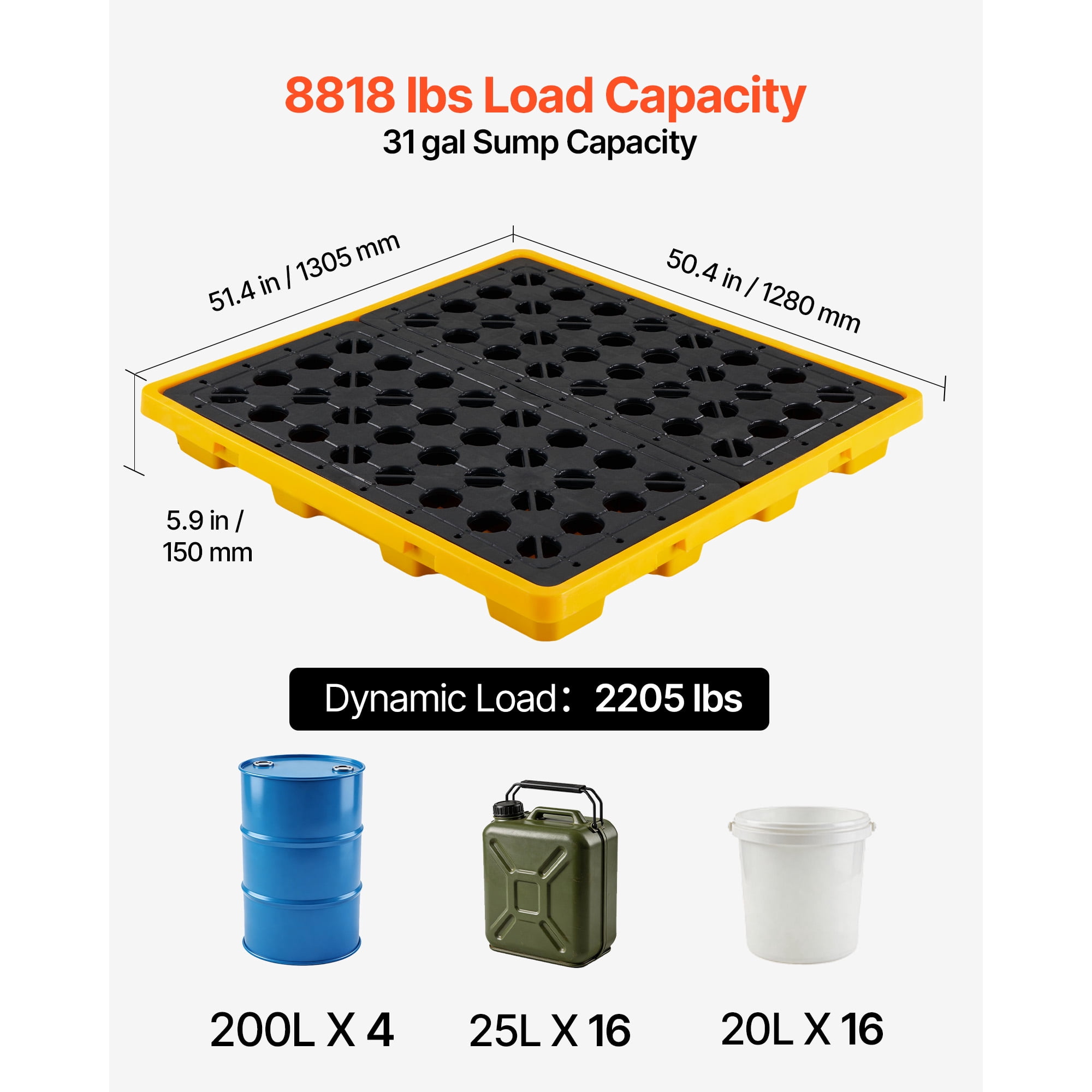 KFFKFF 4-Drum Spill Containment Pallet, Low-Profile Modular Platform, 31-Gallon Sump Capacity, 8818 lbs Load Support, Durable Polyethylene Tray with Drain, 51.4" x 50.4" x 5.9", Yellow