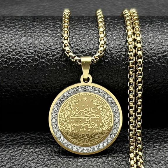 Allah Muslim Islam Quran Medal Necklace for Women Men Rhinestone 14K Yellow Gold Arabic Amluet Bless Chain Jewelry