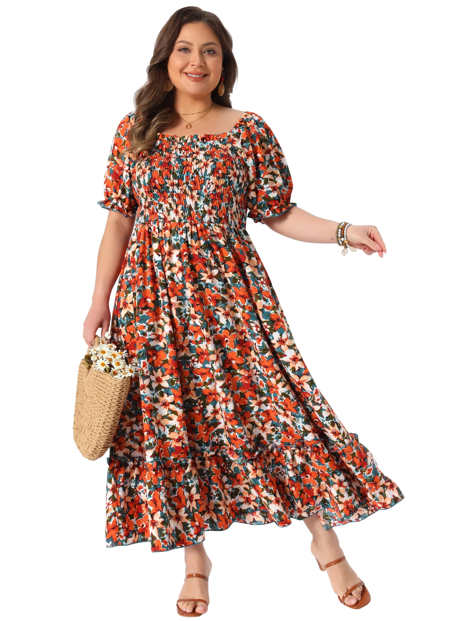 DARING DIVA Women's Plus Size Short Sleeve Square Neck Maxi Floral Dress 4X Red