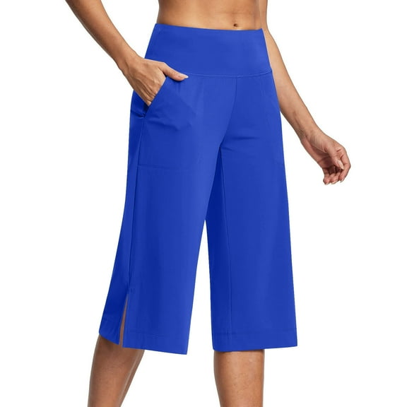 Delliss Women's Capri Pant Side Slit Comfy Stretch Yoga Pants Blue S