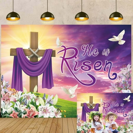Image of Easter He is Risen Backdrop 8x6FT Jesus Resurrection Cross Lily Pography Background for Christian Easter Party Decoration Supplies Photo Booth Props 8×6ft