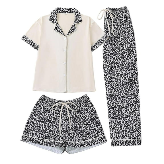 shqvo Leopard Print Pajamas for Women 3 Piece Set Short Sleeve Sleepwear Pj Set Top and Shorts Pants Pjs Button Down Pj Set Short Sleeve Sleepwear Loungewear Pjs Nightwear