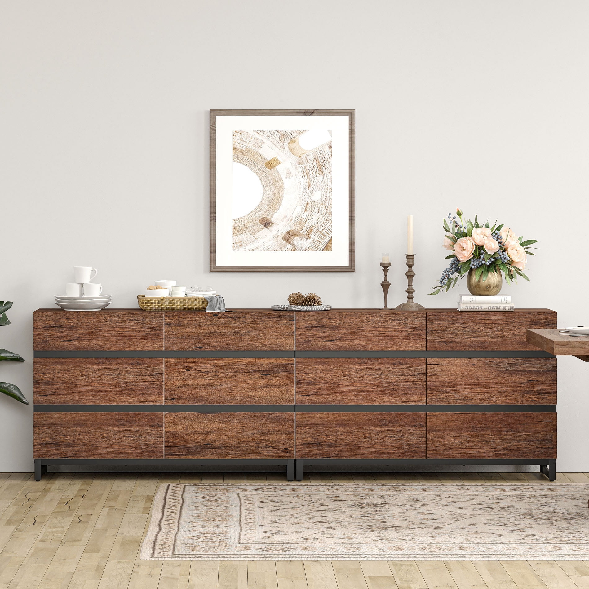 WAMPAT 12-Drawer Buffet Sideboard, Modern Large-Capacity Coffee Bar Cabinet with Smooth-Glide Drawers and Metal Base, Wooden Storage Organizer for Home, Brown