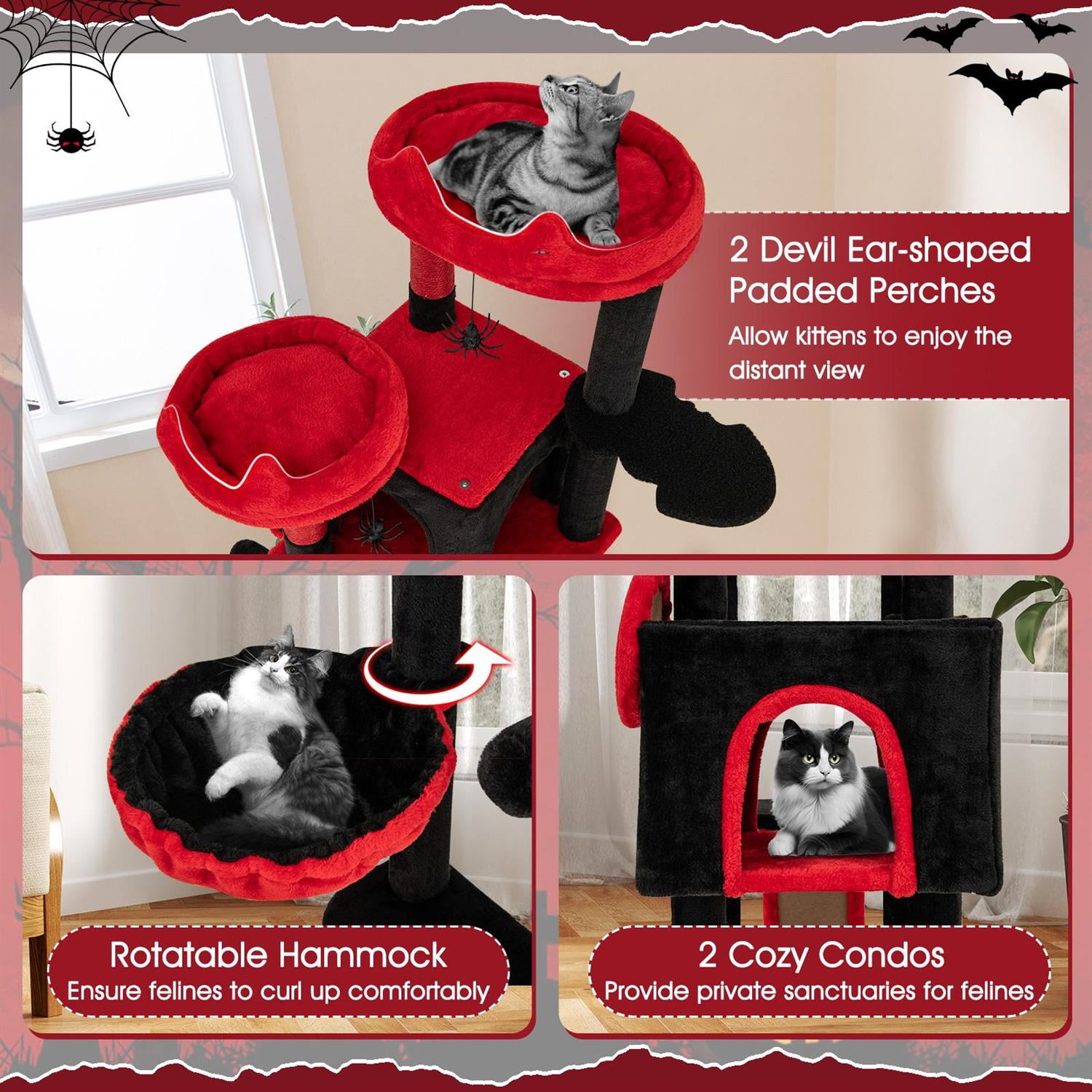 Demi Bonn Large Gothic Cat Tree, 2 Condos & Plush Perches, Rotating Hammock & Sisal Posts, Black & Red