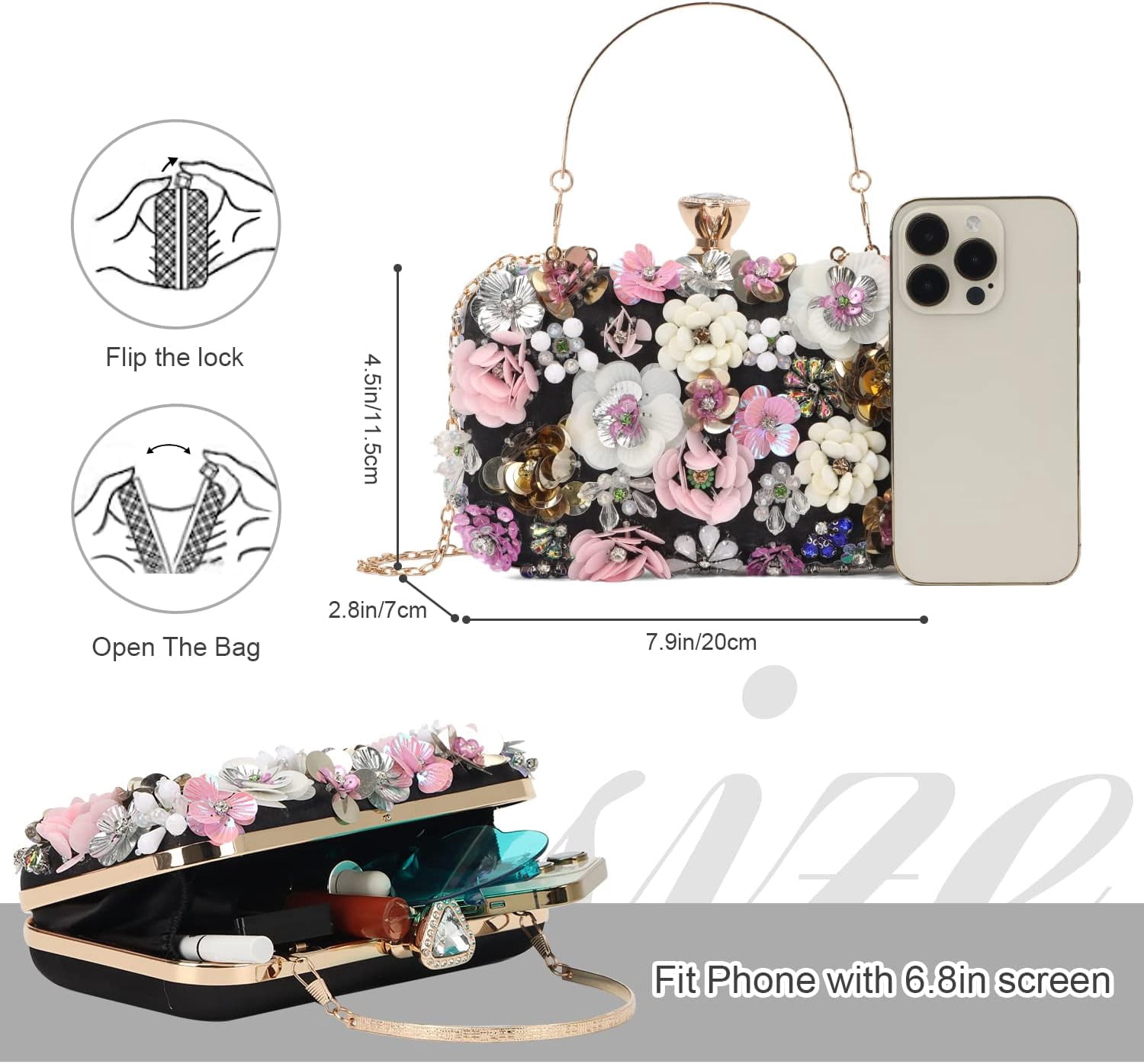 3D Flower Clutch Purses for Women Gold Formal Wedding Party Evening Bags Chain Floral Shoulder bag