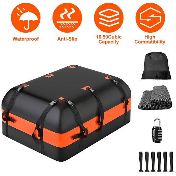 Moclever Car Rooftop Cargo Carrier Bag Large Travel Storage Bag 16 Cubic feet Waterproof Suv Luggage Storage Carriers Anti-Slip Mat Suit for All Vehicle, Black