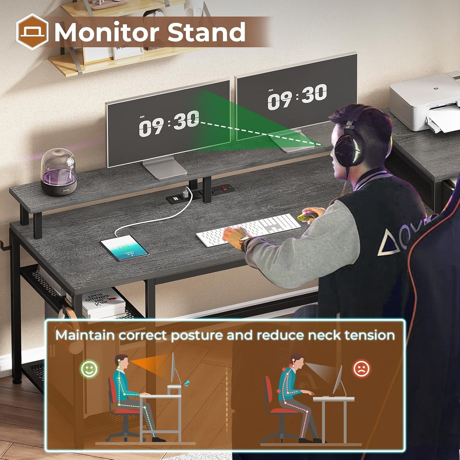 59" Office Desk with Drawers, Reversible Computer Desk with File Drawers & Storage, Gaming Desk with LED Lights & Power Outlet, Home Office Desks for Printer, Grey