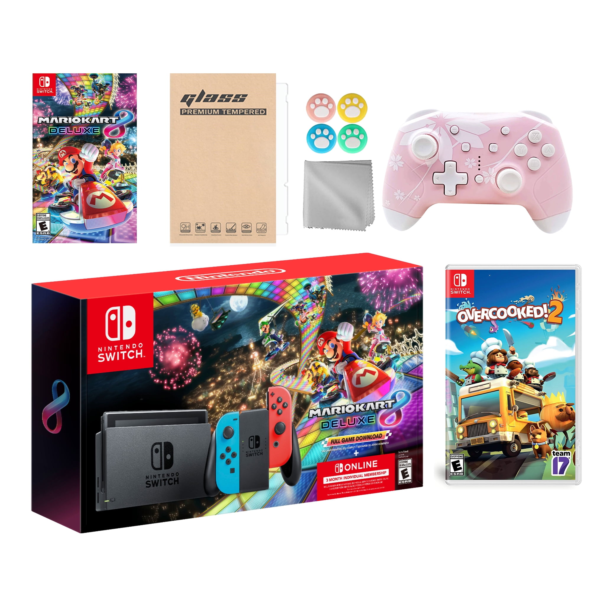 Nintendo Switch Mario Kart Deluxe Bundle: Red/Blue Console, Mario Kart  Membership, Overcooked! 2, Mytrix Wireless Pro Controller Pink Cherry