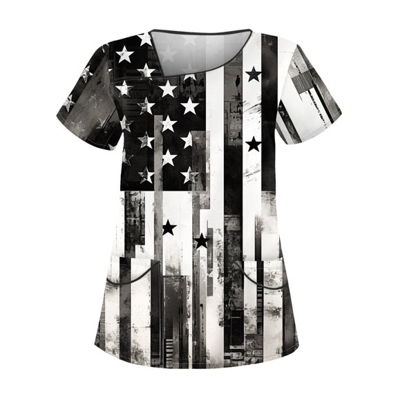 Royal Blue Shirt Women, 4Th Of July Scrub Tops Women Plus Size Skew Collar Short Sleeve Workwear With Double Layer Pockets Red White And American Flag Top Gray Scrubs Set (4XL, Black) ZMTing