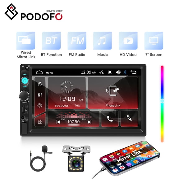 Podofo 7 in Double Din Car Stereo Radio Mirrolink Bluetooth Backup Camera