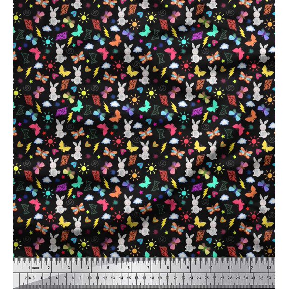 Soimoi Black Crepe Silk Fabric Sun,Insect & Rabbit Cartoon Print Fabric by The Yard 42 Inch Wide