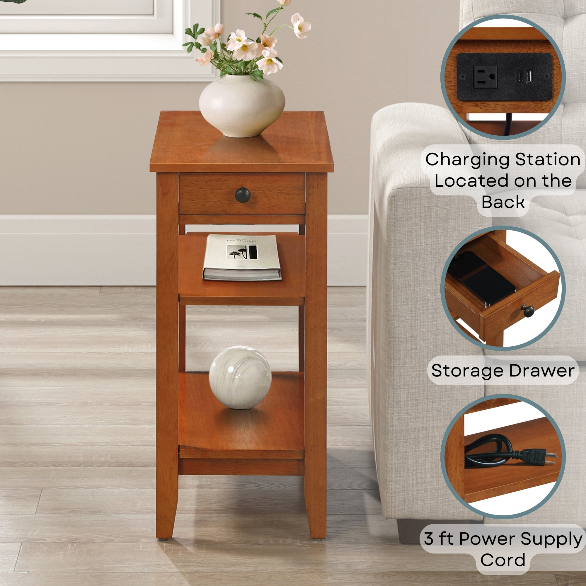 Convenience Concepts American Heritage 1 Drawer Chairside End Table with Charging Station and Shelves, Light Walnut
