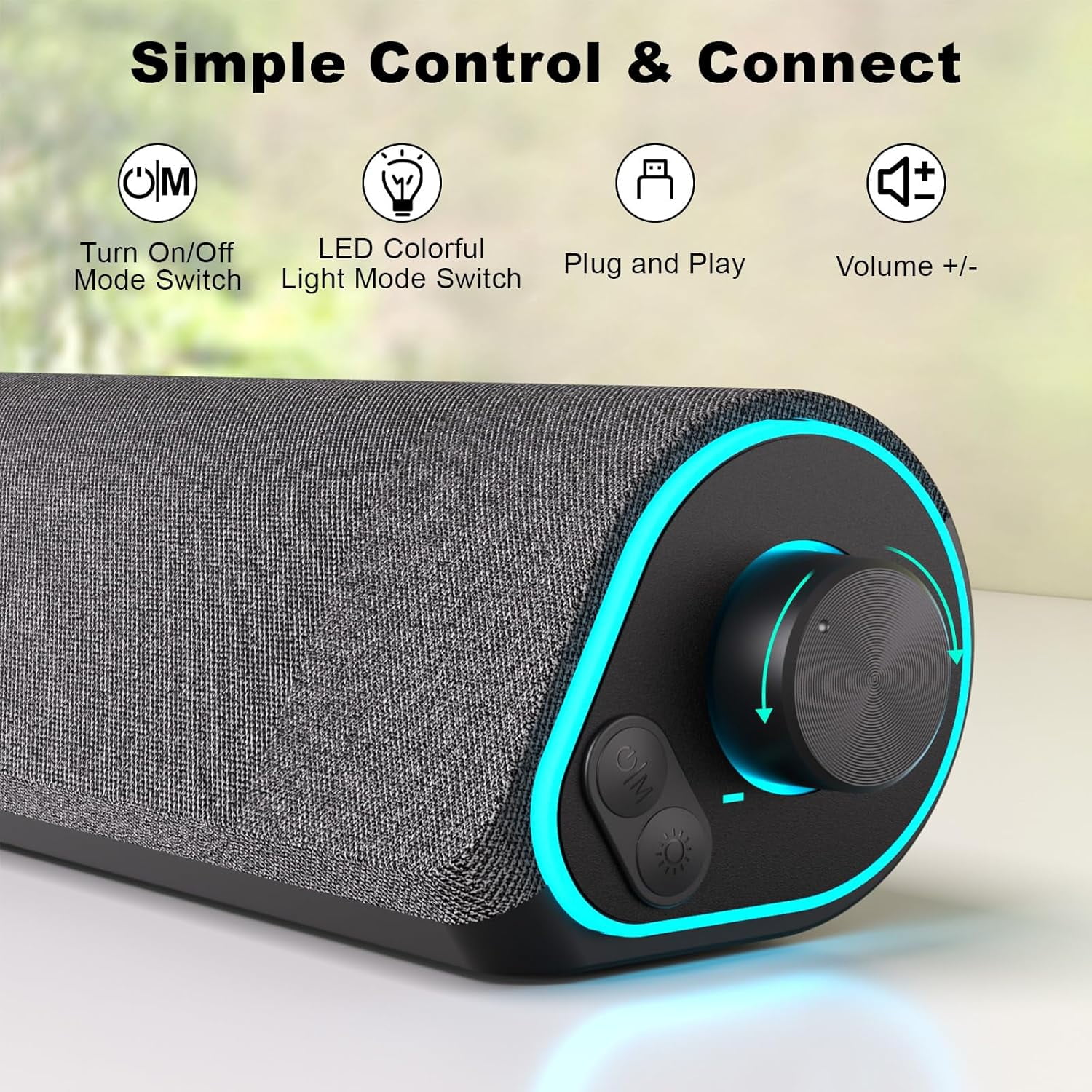 R50 Bluetooth Computer Speakers, 3.5mm PC Sound Bar for Desktop Monitor, Wired USB Powered & Colorful LED Lights with Switch Button, Surround Sound Soundbar PC Spearkers for Computer