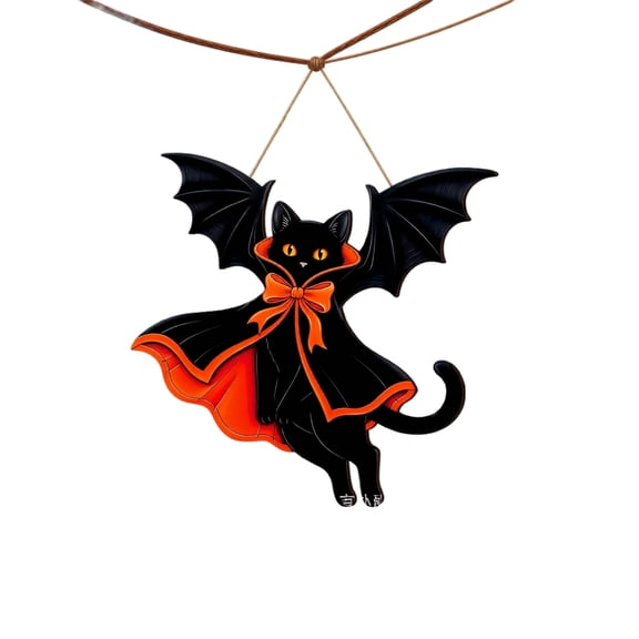 Black Cat Halloween Decor with Wooden Bat Wings and Gothic Cape Design, Hanging Wall Decorations for Indoor Home and Porch Use, Spooky Party Favor Halloween Decoration 1 Pack