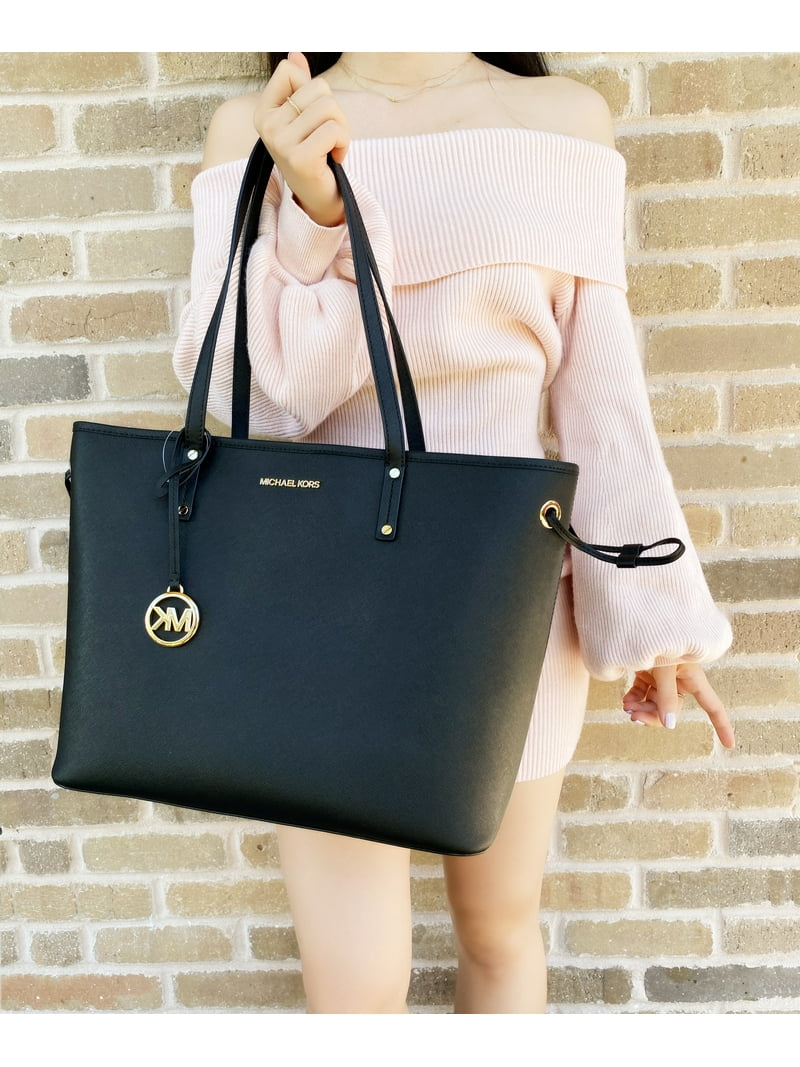 black leather jet set travel tote bag Michael Kors Jet Set Travel Large Drawstring Tote Black Leather