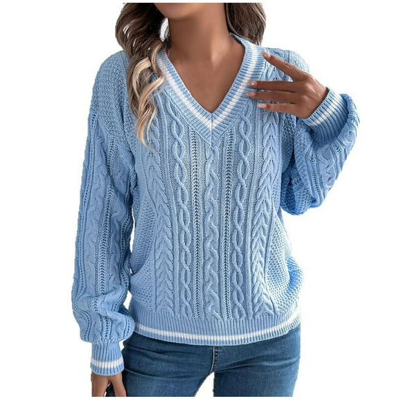 Women's Cable Knit Sweater V Neck Striped Long Sleeve Pullover Outfits Blue S