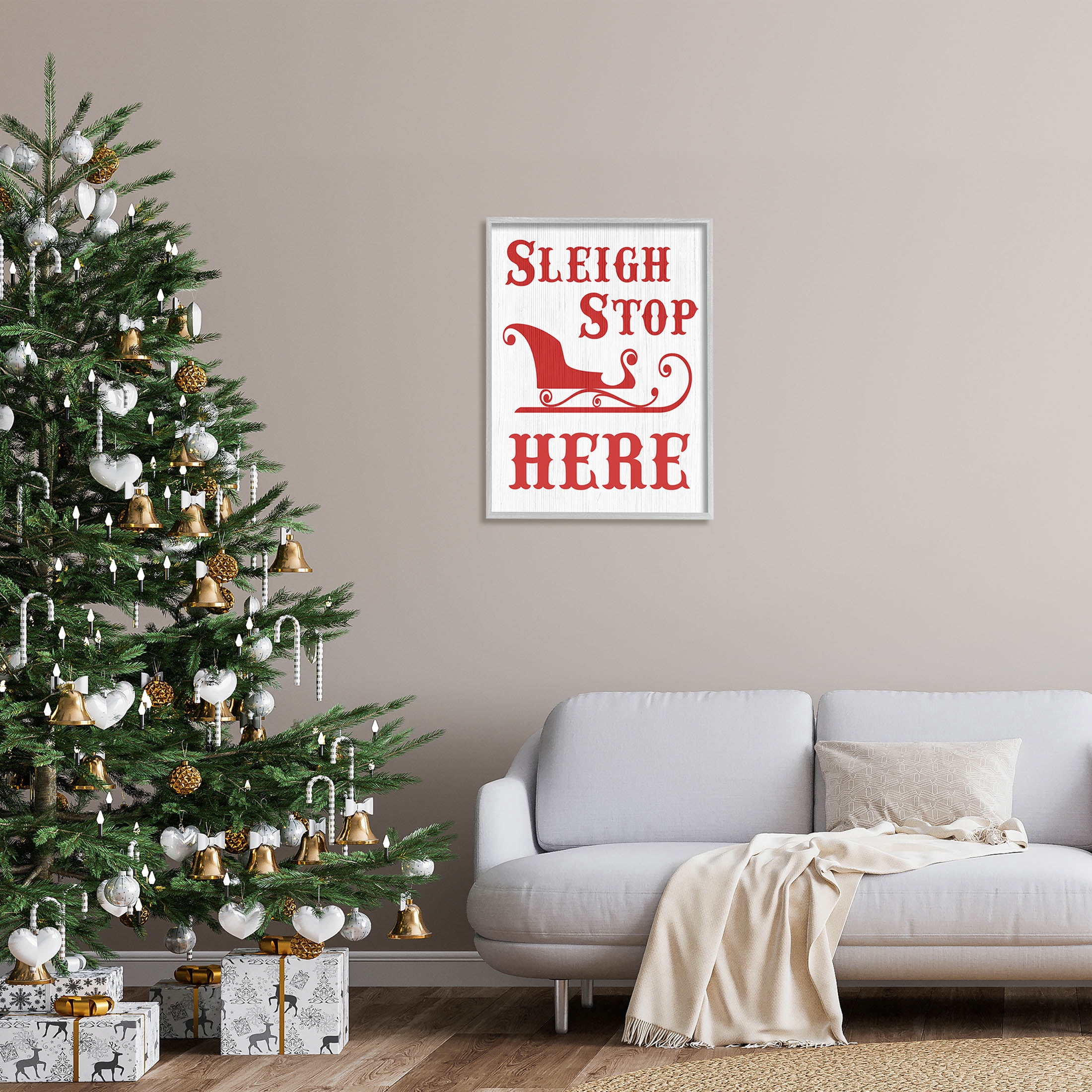 Sleigh Stop Here Christmas Landing Sign Holiday Graphic Art Gray Framed Art Print Wall Art