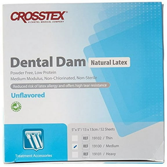 Crosstex 19100 Dental Dam, Latex, Unflavored, Medium Gauge, 5" x 5" Size, Blue (Pack of 52)