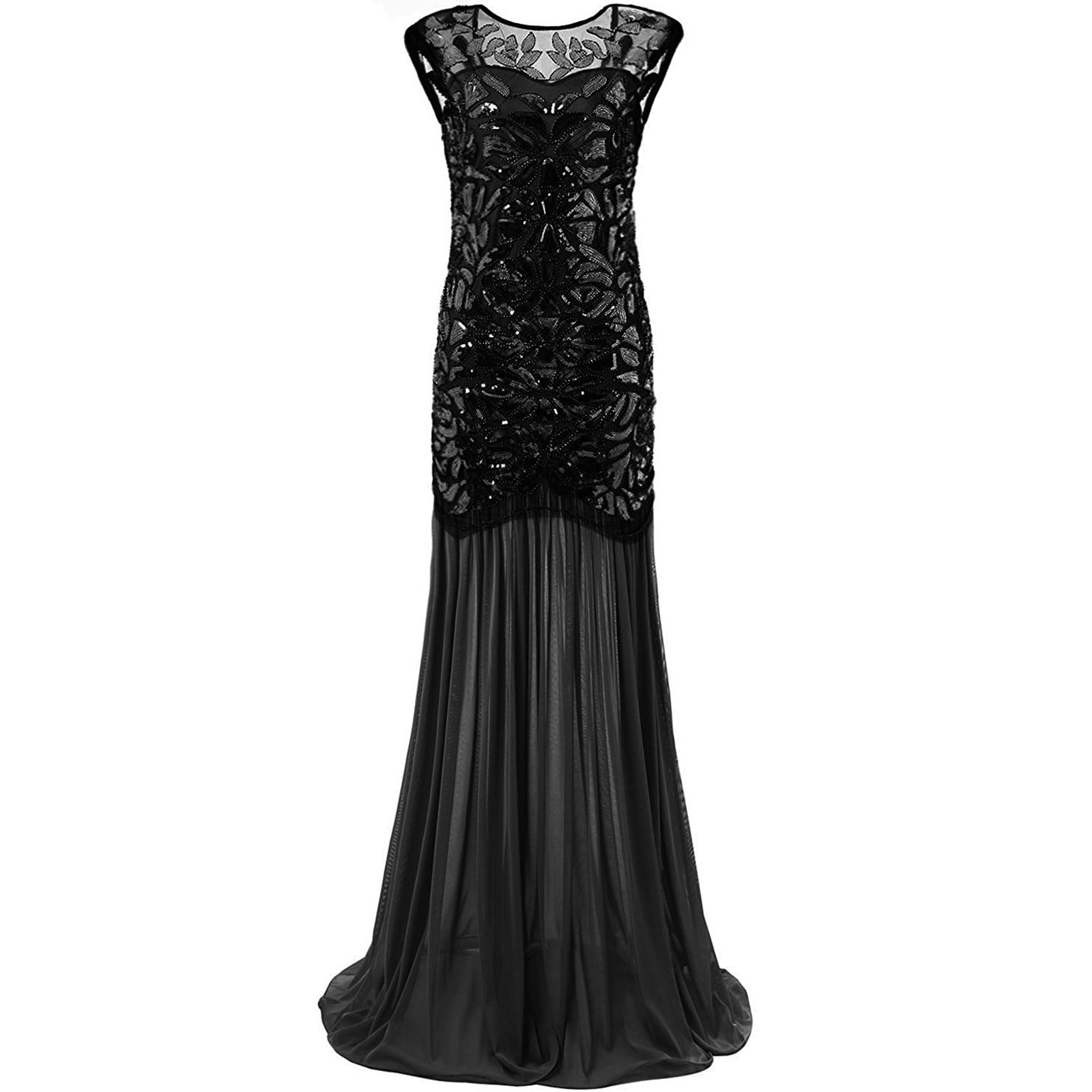 NEW 20s Gatsby Beaded Sequined Floral Maxi Long Flapper Evening Prom Dress Black 
