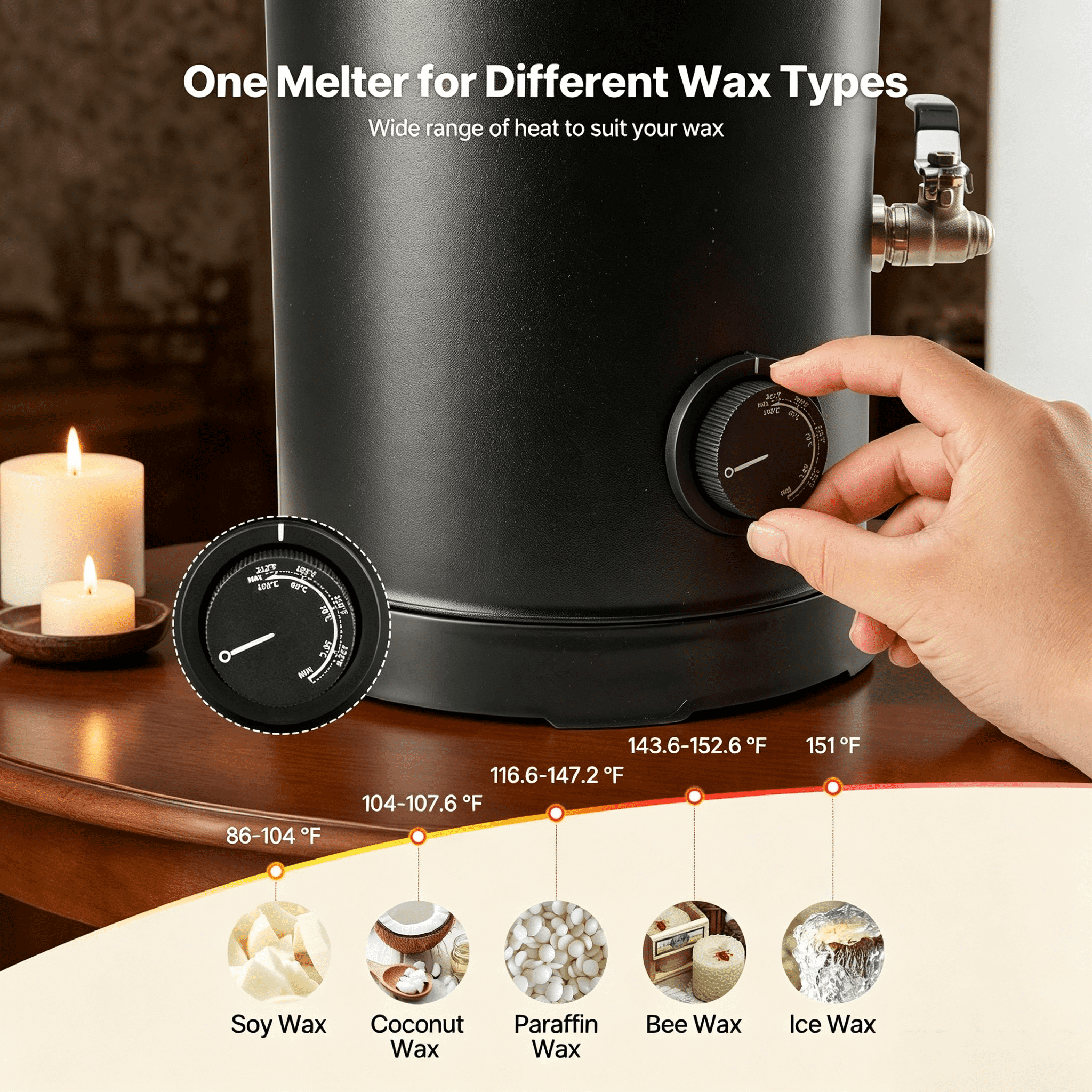 Wax Melter for Candle Making 5.3 Qts, 1100W Fast Heating, 86-230°F Temp Control, Easy Pour Spout, Hourglass Base for Soap Cosmetics