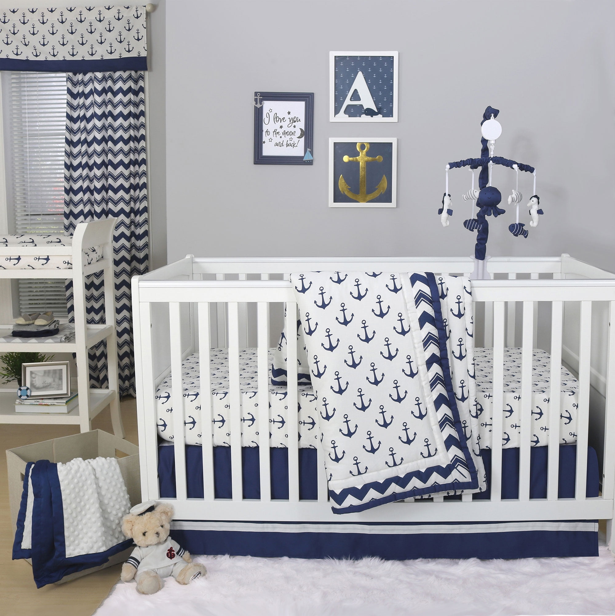 The Peanut Shell 3 Piece Baby Crib Bedding Set - Navy Blue ...