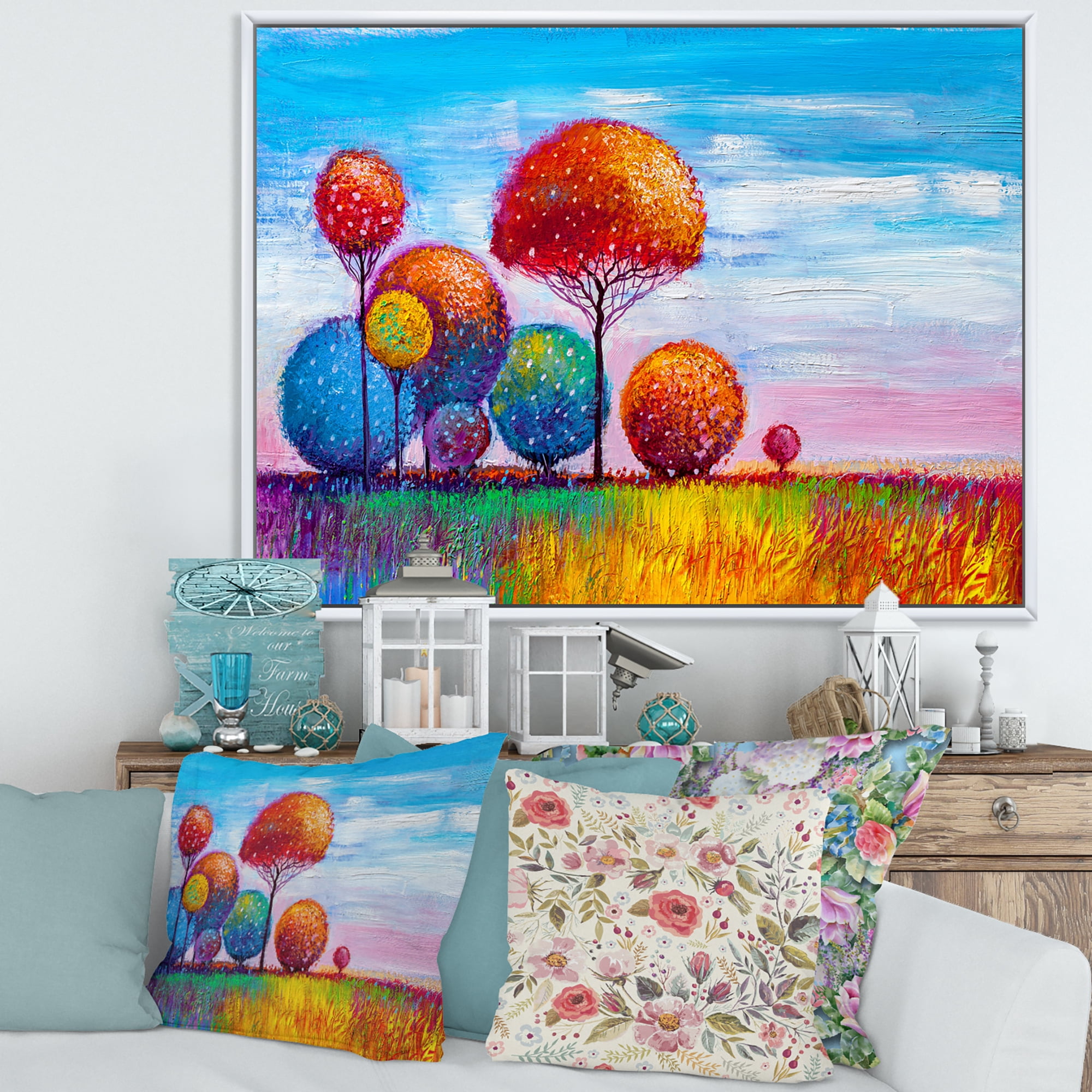Designart 'Ornamental Colourful Trees IX' Modern Framed Canvas Wall Art Print