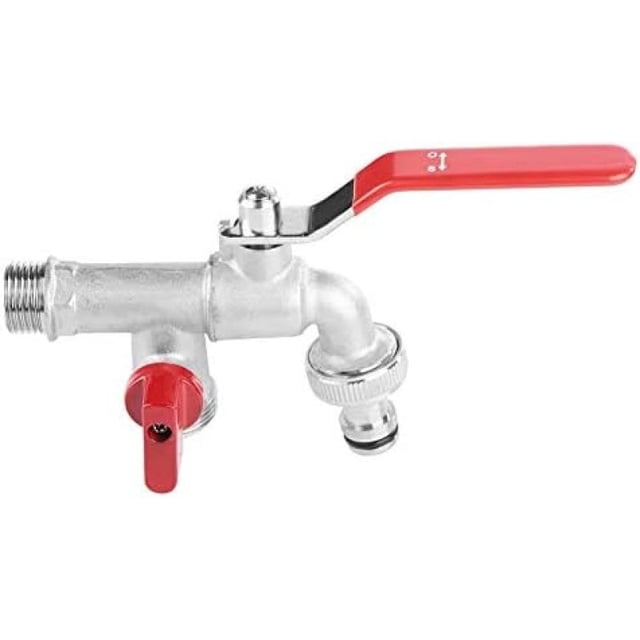 Grifo de agua de latón con doble válvula, ángulo de 90 grados, grifo con mango rojo de 1/2 ", herramienta de jardín para el hogar y exteriores, grifo de latón con doble válvula