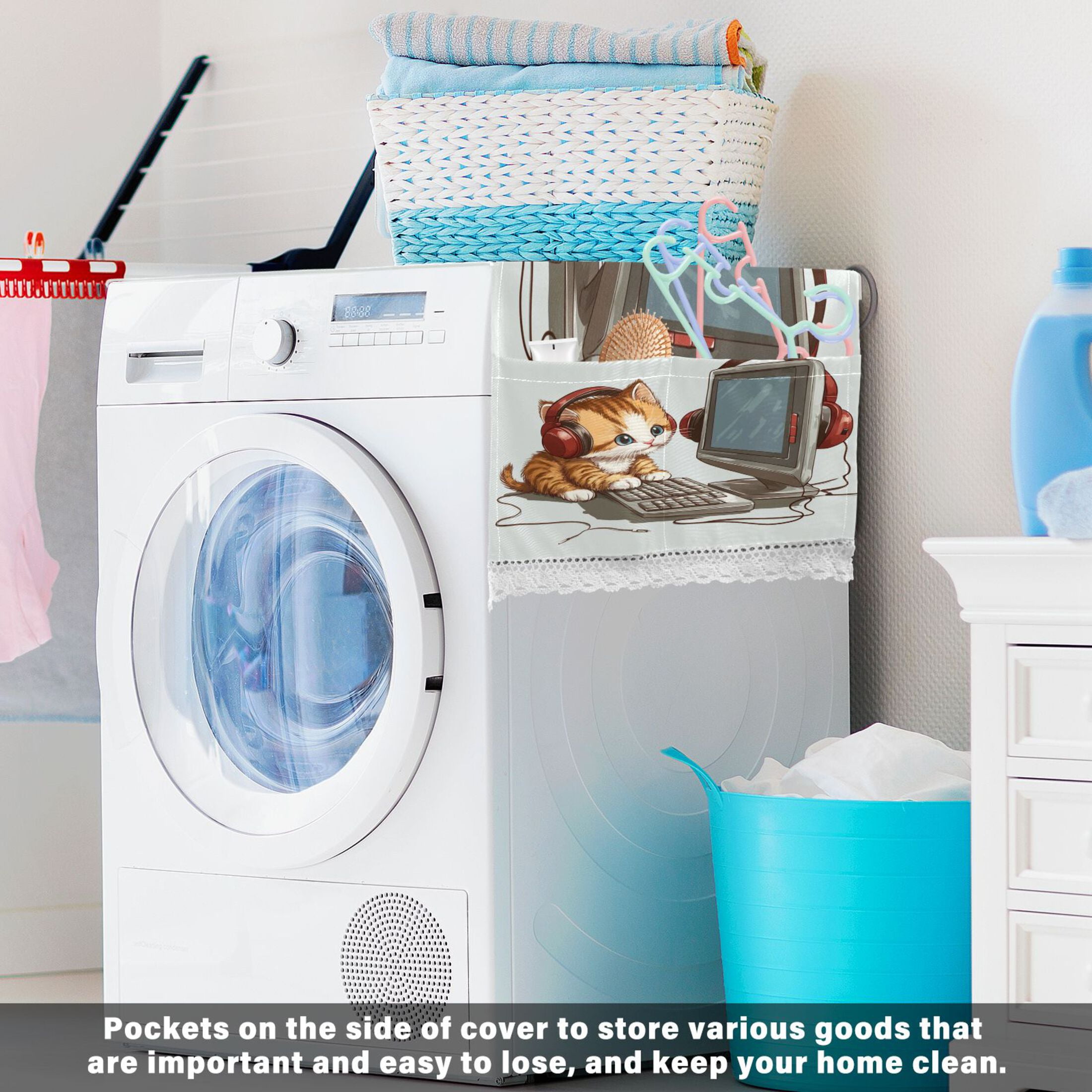 Kittens Play ComputerWasher and Dryer Covers Dust-Proof and Oil Resistant Fridge Cover with 4 Storage Pockets Washing Machine Top Cover for Laundry Kitchen Home 51.2 x 22 In