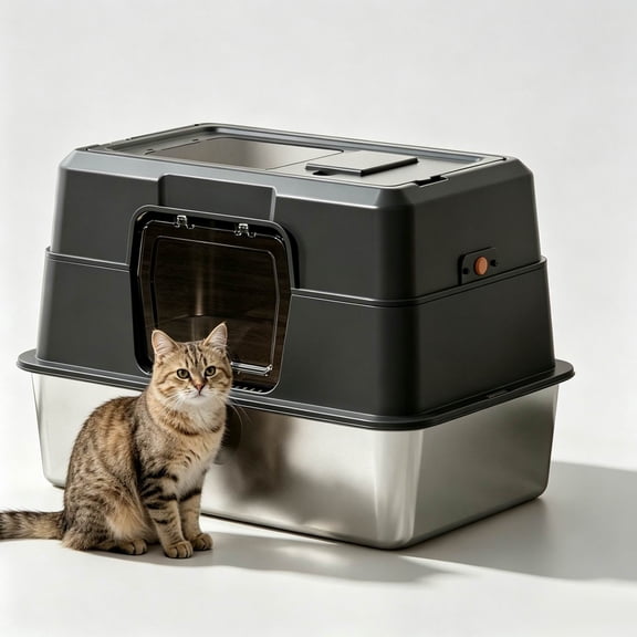 Extra Large Stainless Steel Fully Enclosed Cat Litter Box, High Side To Prevent Scattering, Dual Access Design, Spacious and Comfortable Interior, Black