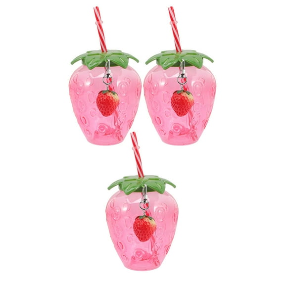 WHAMVOX 3 Sets Strawberry Glass Water Bottle Straws Wide Mugs Baby Pink