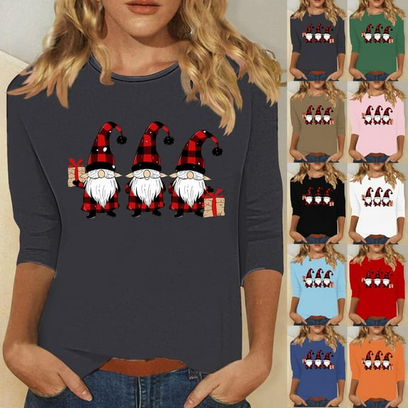 Jsaierl Merry Christmas Shirts for Women Plus Size Christmas Graphic Tees Stretch Crewneck T-shirt 3/4 Sleeve Holiday Blouse Tops Christmas Gifts