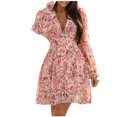thumbnail image 1 of Vestidos Para Mujer Moda Bohemio Con Cuello en V Suelta Manga Larga Volantes Estampado Mini Vestido Odeerbi ODB126777, 1 of 8