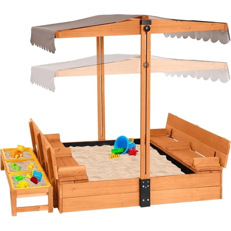 MEDEHOO Kids Sand Boxes with Lid Kids Outdoor Play Large Sandbox with Covers Foldable Bench Seats and Toy Bin Storage Upgrade Retractable Roof